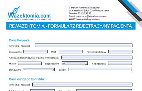 Rewazektomia formularz rejestracyjny Pacjenta